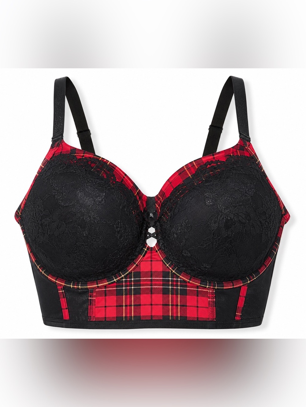 Torrid 44DDD Red Plaid Black Lace Longline Underwire Bra Bustier Lingerie